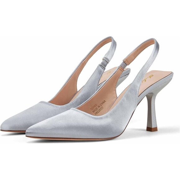 Women Silver Satin Pointed Closed Toe Slingback Mid Heels Stiletto Trendy Pumps - Picture 1 of 9